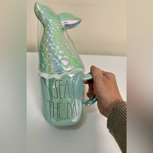 Rae Dunn Mermaid “Seas the day” mug and topper, new